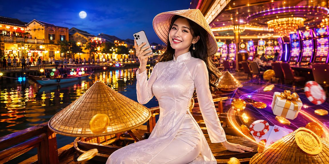 Người dùng chơi casino trên điện thoại di động tại Hội An mặc áo dài
